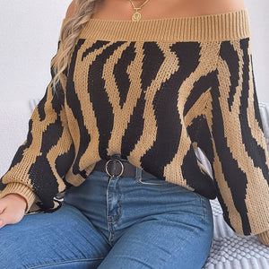 Off-Shoulder Animal Print Long Sleeve Sweater