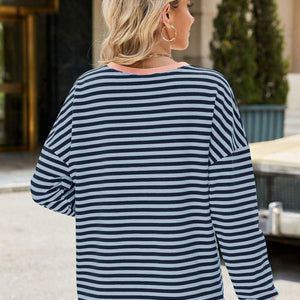 Slit Striped Round Neck Long Sleeve Sweatshirt