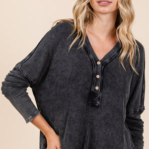 Mittoshop Washed V-Neck Long Sleeve Blouse