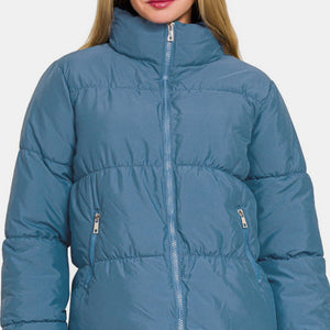 Zenana Zip Up Turtleneck Puffer Jacket with Pockets