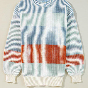 Striped Color Block Round Neck Long Sleeve Sweater