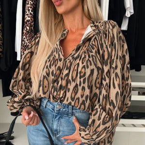 Leopard Notched Long Sleeve Blouse