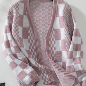 Double Take Checkered Open Front Dropped Shoulder Cardigan