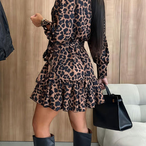 Tied Leopard Surplice Long Sleeve Dress