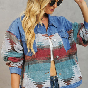 Geometric Button Up Dropped Shoulder Denim Jacket