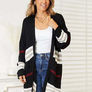 Perfee Striped Rib-Knit Drop Shoulder Open Front Cardigan