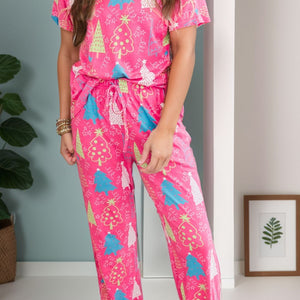 Printed V-Neck Short Sleeve Top and Pants Lounge Set