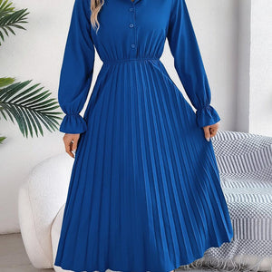 Pleated Half Button Long Sleeve Midi Dress