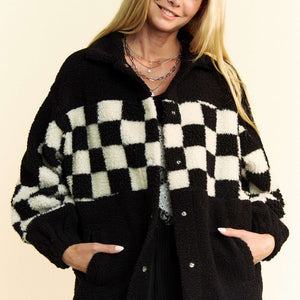 Davi & Dani Full Size Checkered Snap Down Faux Fur Jacket