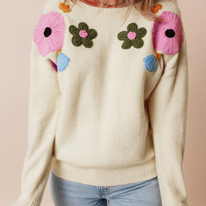 Crochet Flower Round Neck Dropped Shoulder Sweater