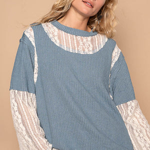 POL Lace Panel Round Neck Long Sleeve Top