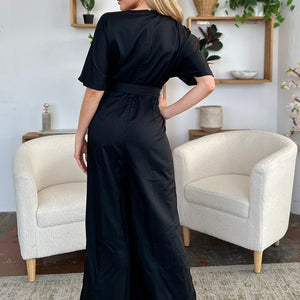 Double Take Full Size V-Neck Tied Side Slit Jumpsuit