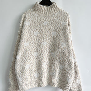 Heart Heathered Turtleneck Drop Shoulder Sweater