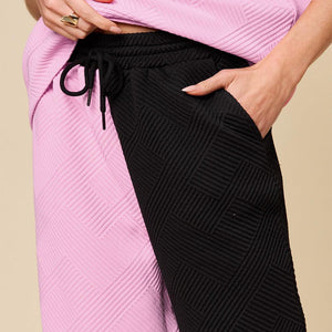 Double Take Full Size Texture Contrast T-Shirt and Wide Leg Pants Set