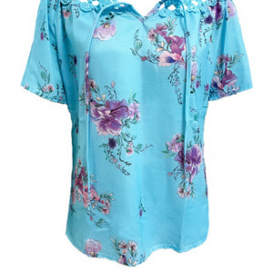 Full Size Printed Tie Neck Short Sleeve Blouse