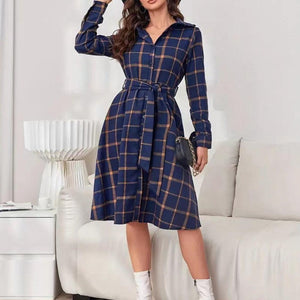 Plaid Tie Waist Long Sleeve Dress