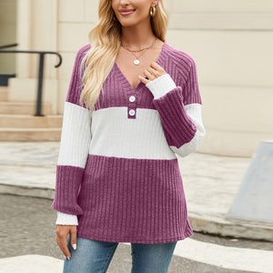 Color Block V-Neck Long Sleeve T-Shirt