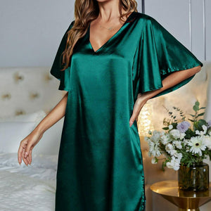 Satin Flutter Sleeve Side Slit V-Neck Night Dress