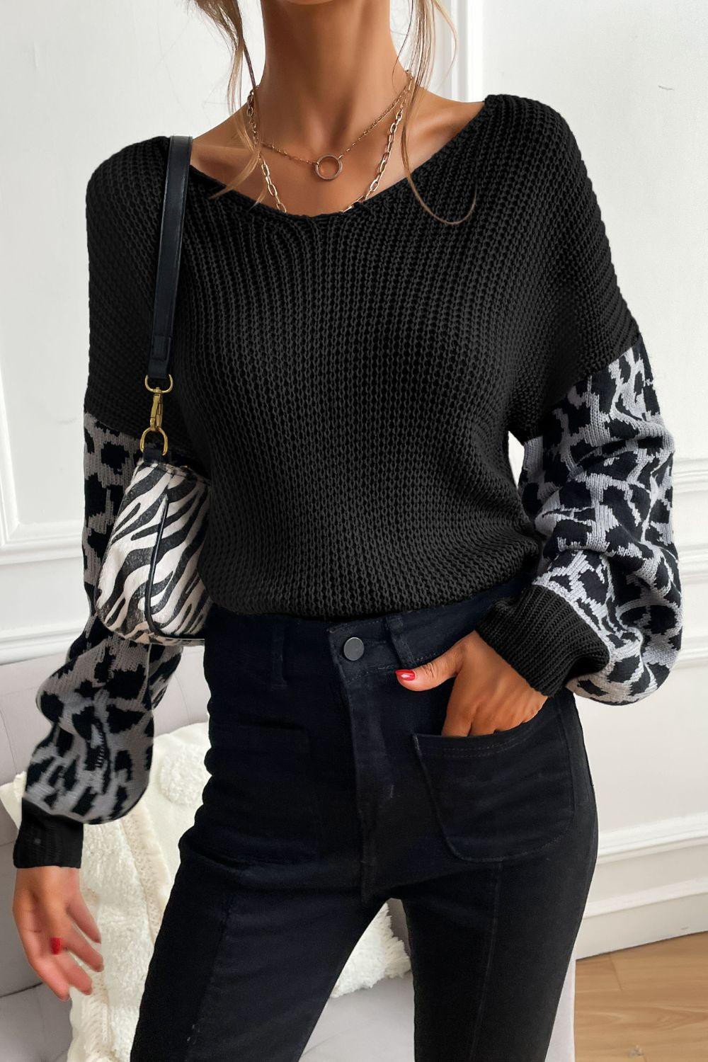 Perfee Leopard Sleeve Dropped Shoulder Sweater