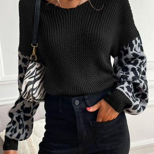 Perfee Leopard Sleeve Dropped Shoulder Sweater