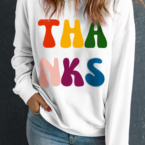 THANKS Round Neck Long Sleeve Sweatshirt