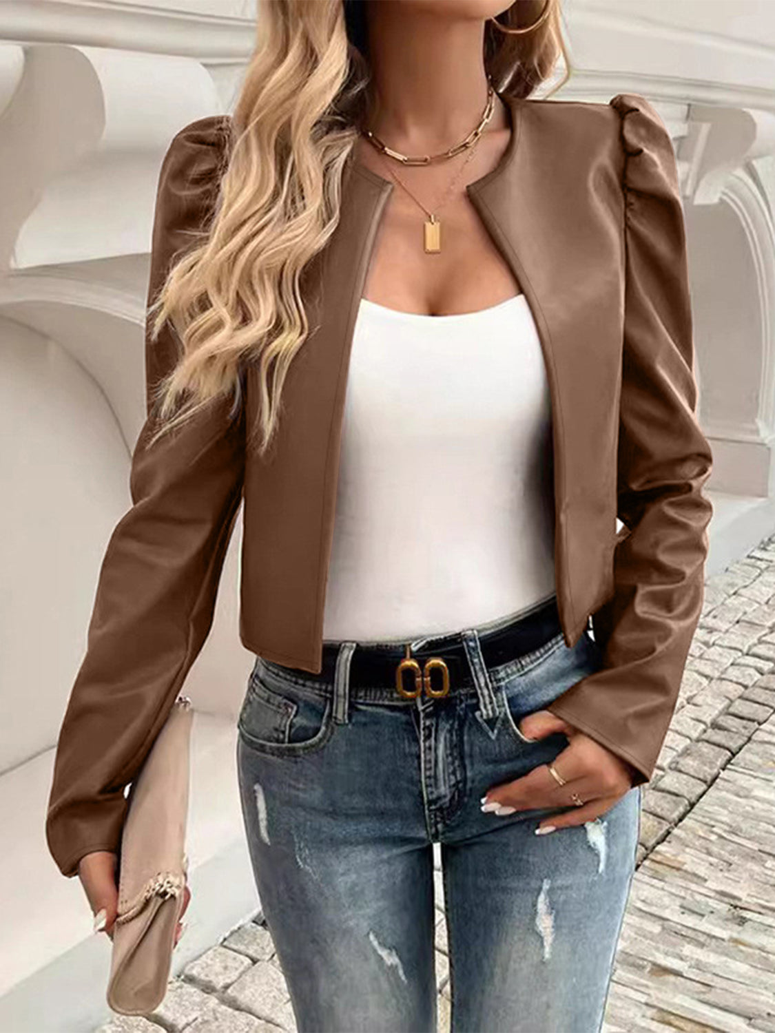 PU Leather Open Front Puff Sleeve Jacket