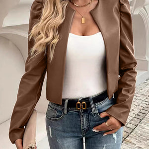 PU Leather Open Front Puff Sleeve Jacket