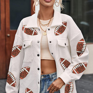 Sequin Football Patch Collared Neck Snap Button Jacket