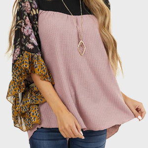 Full Size Printed Round Neck Three-Quarter Sleeve Blouse