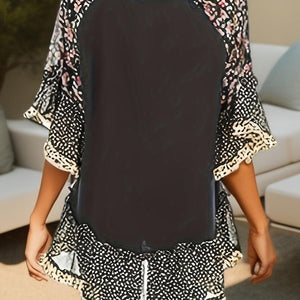 Full Size Frill Printed Round Neck Half Sleeve Blouse