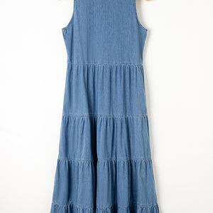 Tie Neck Sleeveless Denim Dress