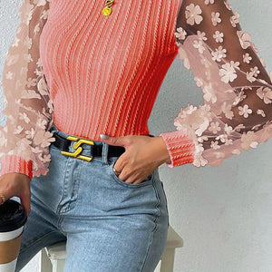 Double Take Textured Applique Long Sleeve Blouse