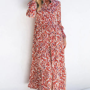 Printed Notched Long Sleeve Dress