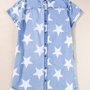 Raw Hem Star Short Sleeve Denim Dress