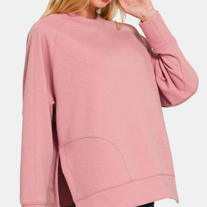 Zenana Scuba Round Neck Side Slit Sweatshirt