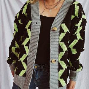 Contrast Trim Geometric V-Neck Long Sleeve Cardigan