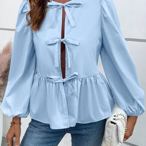 Ivy Lane Peplum Tied Long Sleeve Blouse