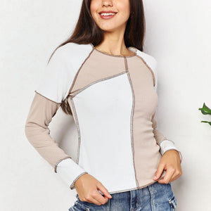 Double Take Color Block Exposed Seam Top