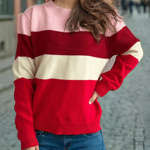 Color Block Round Neck Long Sleeve Sweater