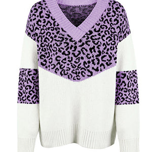 Leopard V-Neck Dropped Shoulder Sweater