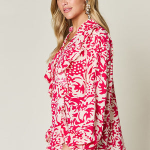 Double Take Full Size Printed Ruffle Trim Balloon Sleeve Shirt