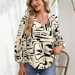 Printed Notched Long Sleeve Blouse