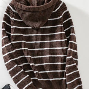 Striped Button Up Long Sleeve Hooded Cardigan