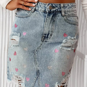 Distressed Raw Hem Heart Mini Denim Skirt