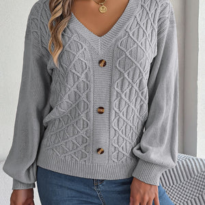 Cable-Knit V-Neck Lantern Sleeve Sweater