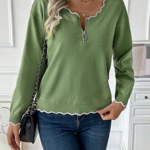 Contrast Trim Quarter Zip Long Sleeve Knit Top