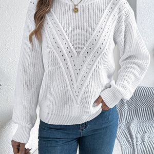 Openwork Round Neck Long Sleeve Sweater