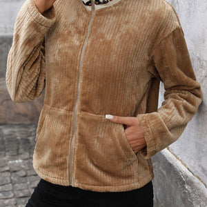 Perfee Pocketed Zip Up Collared Neck Long Sleeve Jacket