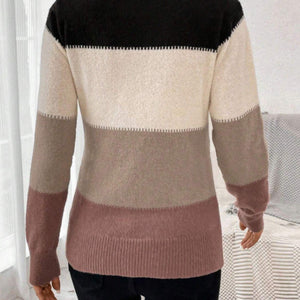 Color Block Mock Neck Long Sleeve Sweater