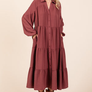 Mittoshop Tiered Button Down Long Sleeve Midi Dress